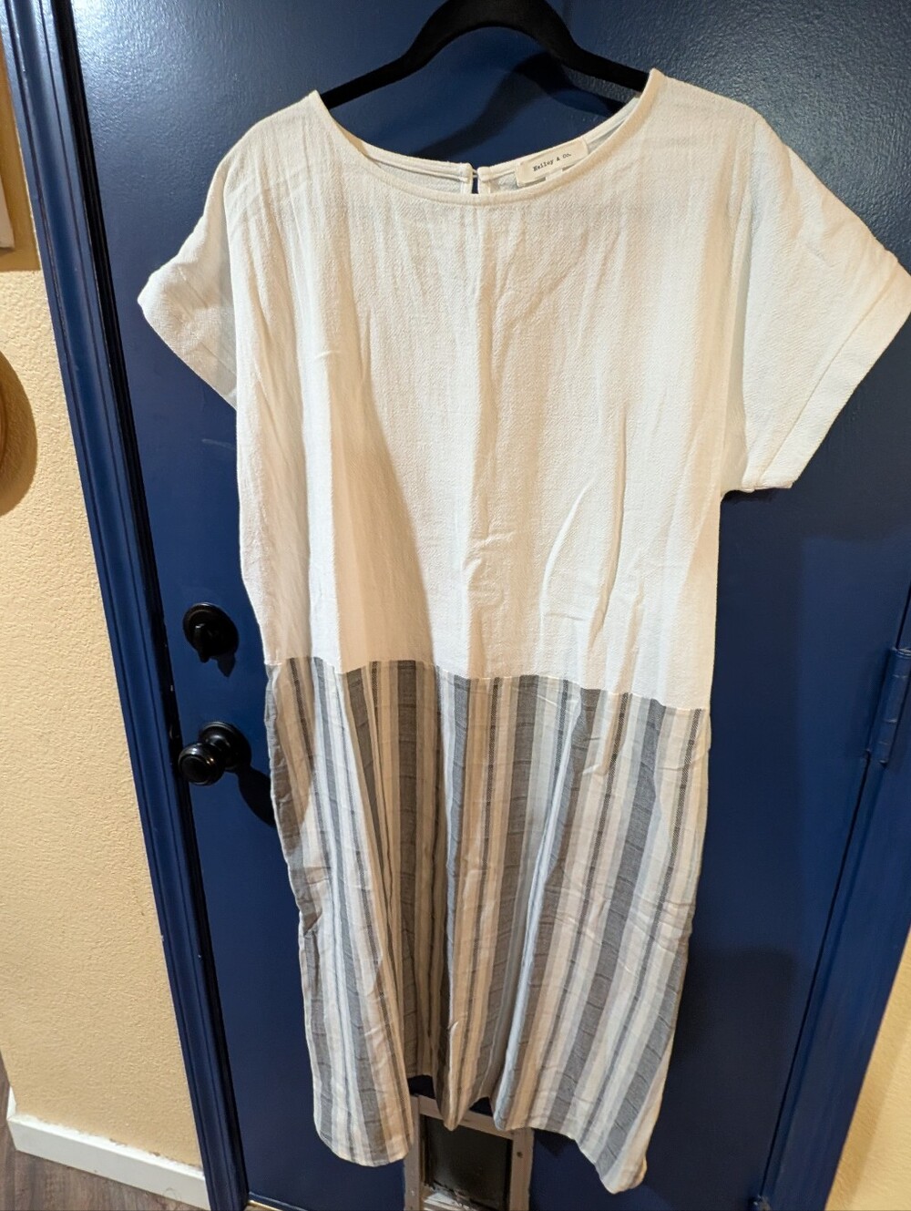 Cream Linen Blend Striped Midi Dress Size L NWT